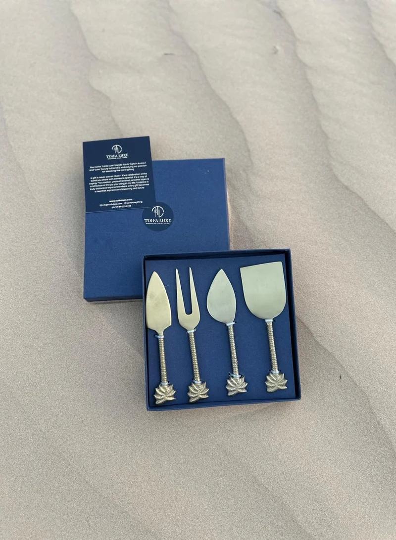 Tohfa Luxe Tohfa Luxe Palm Cheese Knife Set – 4 Handcrafted Natural Brass Knives, 15 cm Each, Palm Motif Design, Gift-Ready Box, Elegant Cheese Board Accessory