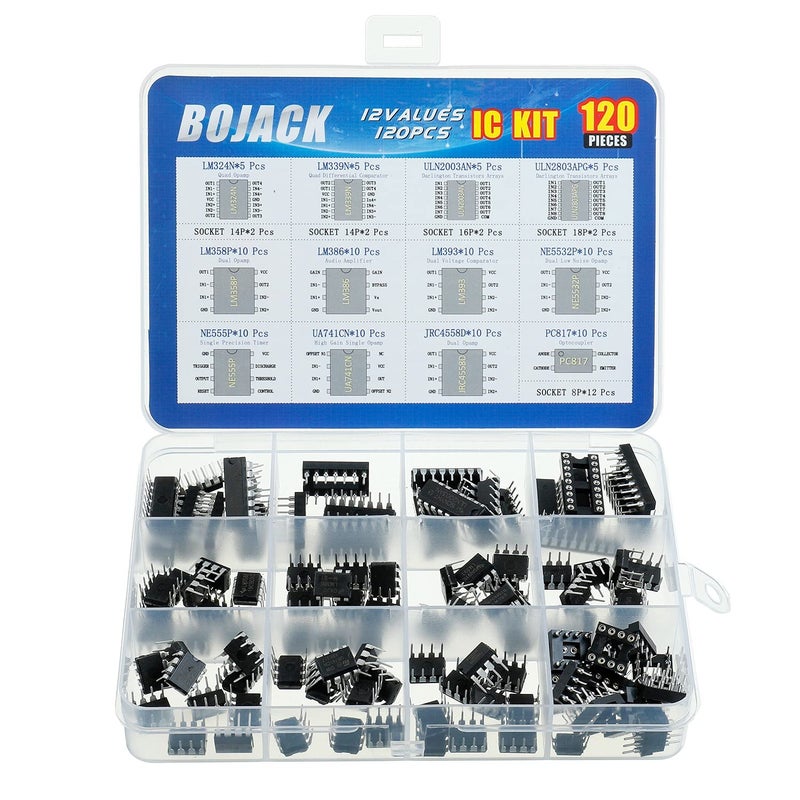 BOJACK 12 Values 120 Pcs Opamp Timer Darlington Phototcoupler LM324 LM339 ULN2003AN ULN2803APG LM358P LM386 LM393 NE5532P NE555P UA741CN JRC4558D PC817 IC Assortment Kit - Image 1
