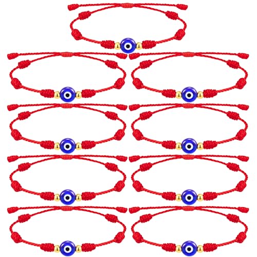 Poxtex 9pcs Evil Eye 7 Knot Lucky Bracelets, Rakhi for Brother and Bhabhi Adjustable Red String Amulet for Women Men with Gold Bead, Protection Jewelry Hand Bracelet - Image 1