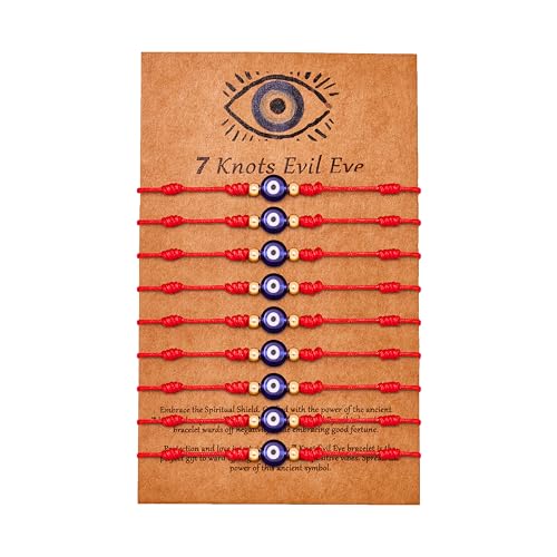 Poxtex 9pcs Evil Eye 7 Knot Lucky Bracelets, Rakhi for Brother and Bhabhi Adjustable Red String Amulet for Women Men with Gold Bead, Protection Jewelry Hand Bracelet - Image 2