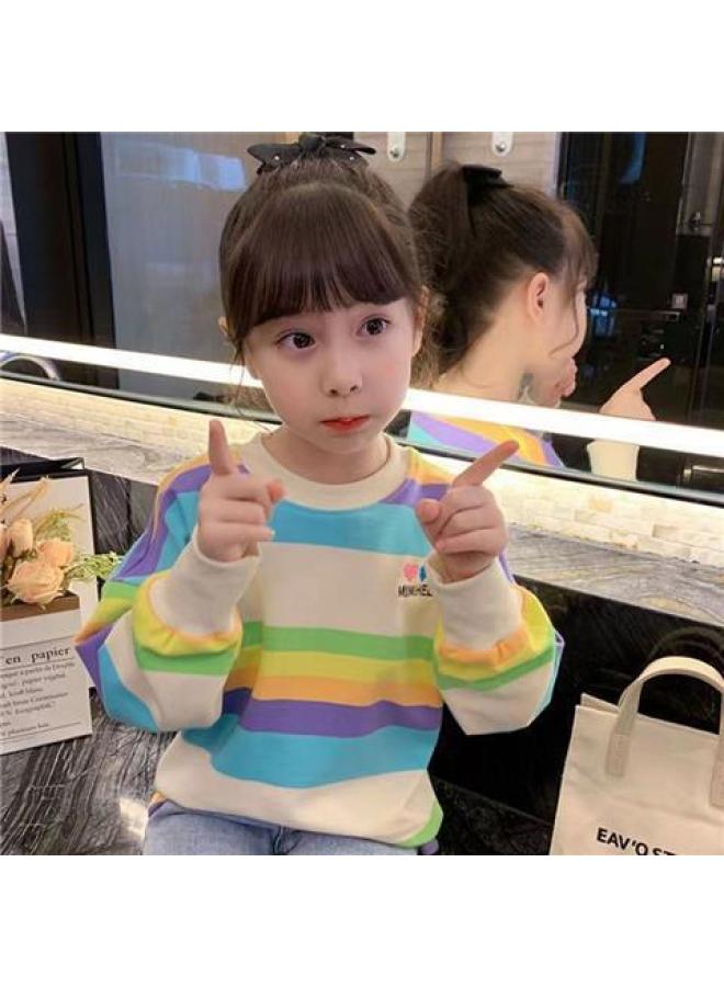 Girls' Rainbow T-shirt Stylish Children's Long-sleeve Striped Sweatshirt Spring And Autumn New Korean Style Trendy Top For Girls