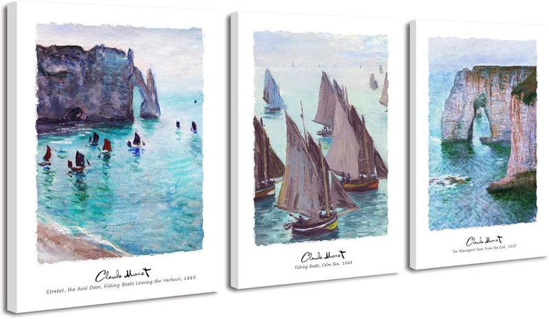 Pyradecor 3pcs Claude Monet Reproduction Prints Fishing Boats Cliffs at Etretat Wall Art - Image 1