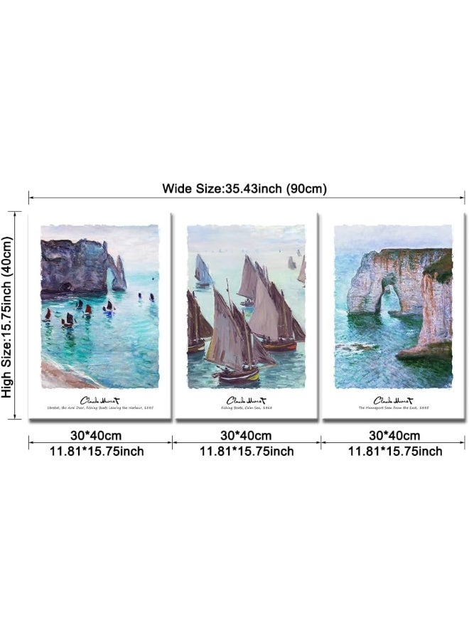 Pyradecor 3pcs Claude Monet Reproduction Prints Fishing Boats Cliffs at Etretat Wall Art - Image 5