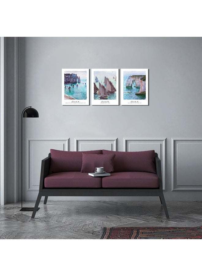Pyradecor 3pcs Claude Monet Reproduction Prints Fishing Boats Cliffs at Etretat Wall Art - Image 3