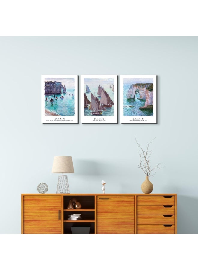 Pyradecor 3pcs Claude Monet Reproduction Prints Fishing Boats Cliffs at Etretat Wall Art - Image 2