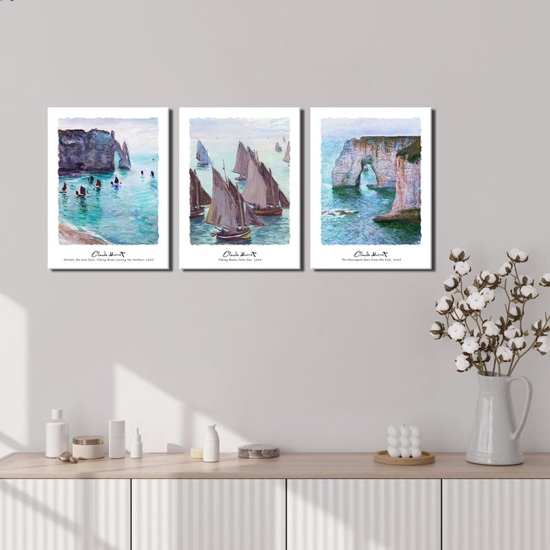 Pyradecor 3pcs Claude Monet Reproduction Prints Fishing Boats Cliffs at Etretat Wall Art - Image 4