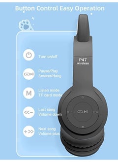 P47 Wireless Bluetooth Headphones P47M (CAT) with Microphone for Kids and Adults,Stereo Cat Ear Design with LED Light and Foldable Memory Card Slot for Girls and Boys - Black  - Image 3