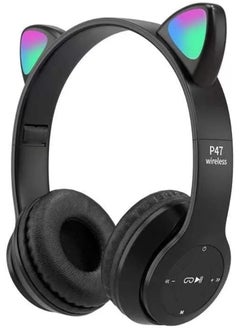 P47 Wireless Bluetooth Headphones P47M (CAT) with Microphone for Kids and Adults,Stereo Cat Ear Design with LED Light and Foldable Memory Card Slot for Girls and Boys - Black  - Image 1