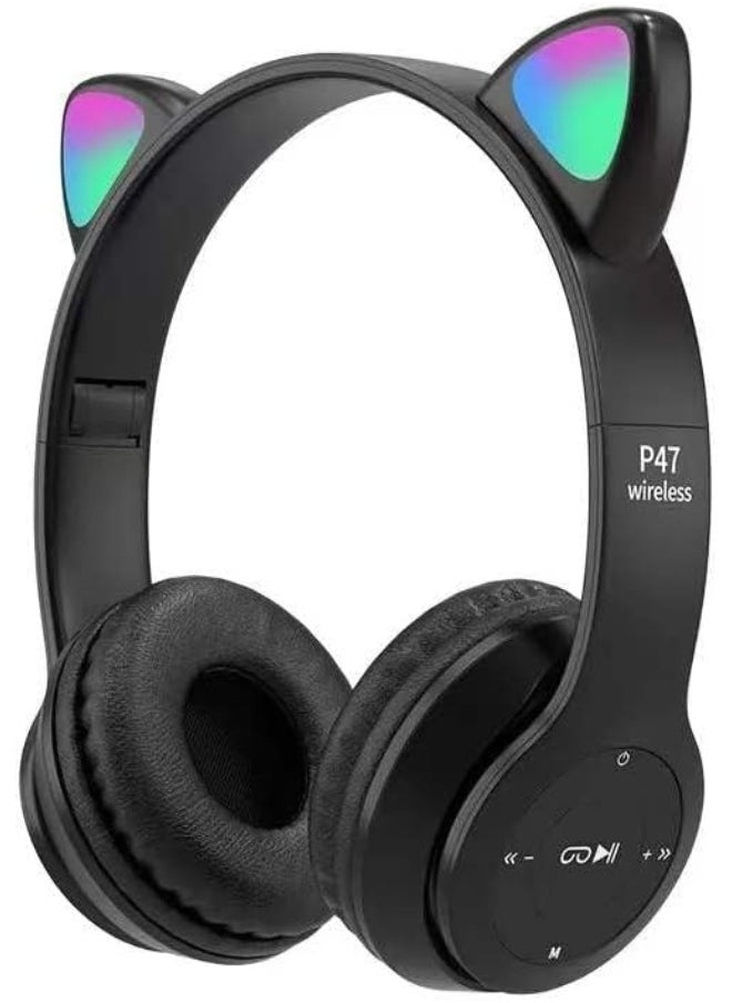 P47 Wireless Bluetooth Headphones P47M (CAT) with Microphone for Kids and Adults,Stereo Cat Ear Design with LED Light and Foldable Memory Card Slot for Girls and Boys - Black  - Image 1