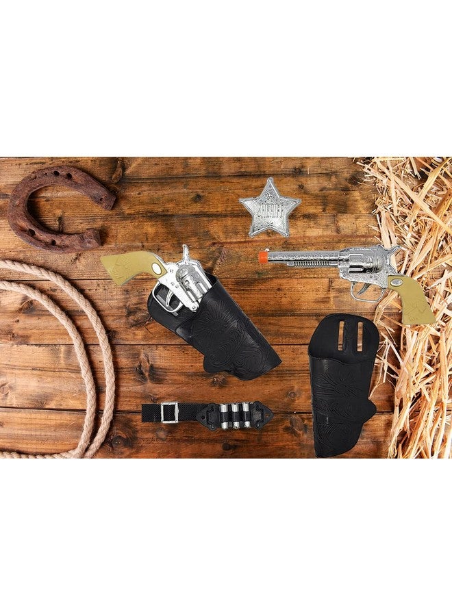 Cowboy Toy Gun Holster and Belt 9 Piece Set for Kids. 2 Toy Pistols, 1 Sheriff Badge, 2 Gun Holsters, and 3 Play Bullets, 1 Adjustable Belt, Old Western Action Belt for Sheriff, Halloween Costume