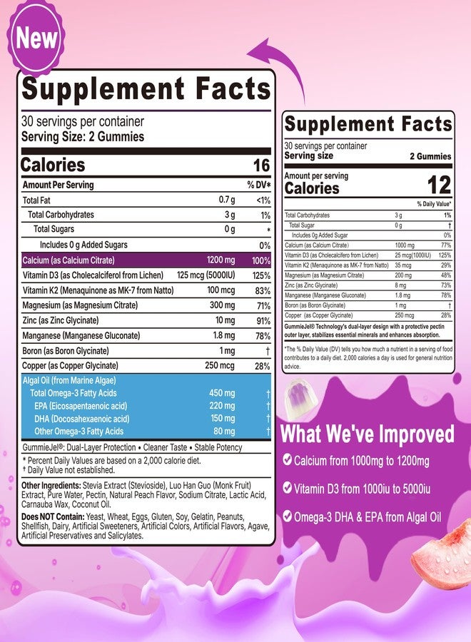 EnvyCure Calcium Citrate 1200mg Gummies, Vitamin D3 K2, Omega-3, Magnesium, Zinc, Boron, Manganese, Copper, 600mg Calcium Supplements for Women & Men Bone Strength, Immune Support - Vegan, Sugar Free, 60 Count - Image 2