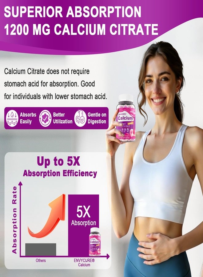 EnvyCure Calcium Citrate 1200mg Gummies, Vitamin D3 K2, Omega-3, Magnesium, Zinc, Boron, Manganese, Copper, 600mg Calcium Supplements for Women & Men Bone Strength, Immune Support - Vegan, Sugar Free, 60 Count - Image 3