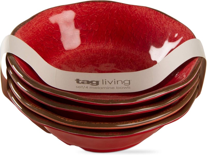 TAG 10 oz 7 in Veranda Cracked Glazed Solid Red Wavy Edge Melamine Plastic Dinnerware Bowls Set of 4 Dishwasher Safe Indoor Outdoor Round Red Bowl Set of 4 Red - Image 1