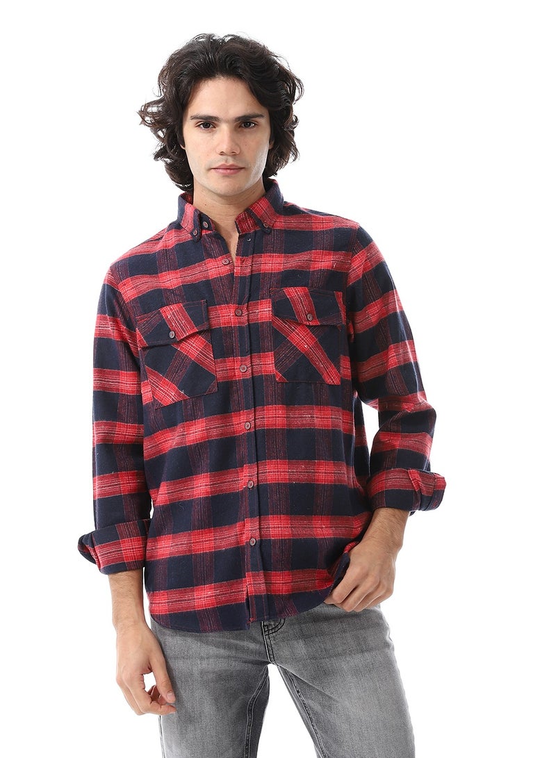 Andora Long Sleeve Chest Pockets Plaid Shirt_Navy Blue & Red  - Image 1