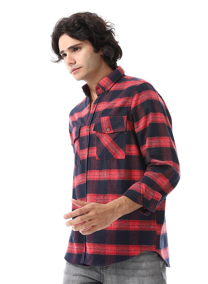Andora Long Sleeve Chest Pockets Plaid Shirt_Navy Blue & Red  - Image 2