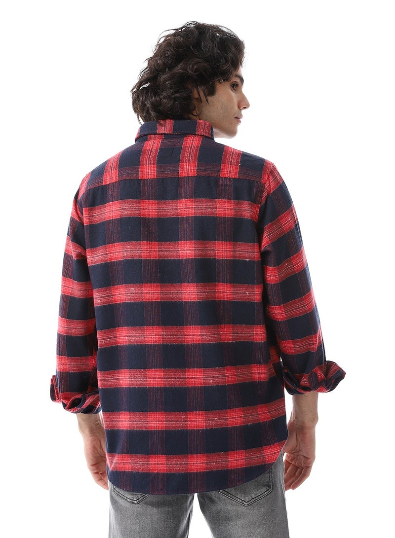 Andora Long Sleeve Chest Pockets Plaid Shirt_Navy Blue & Red  - Image 3