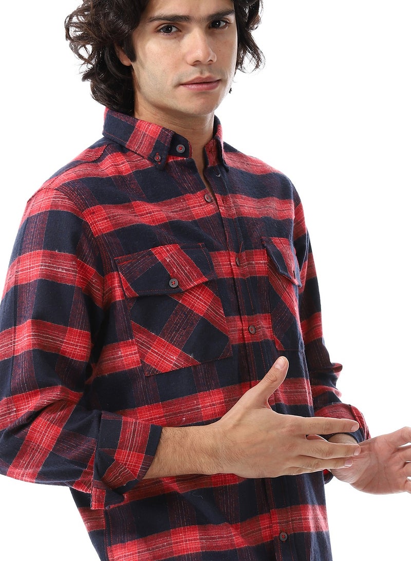 Andora Long Sleeve Chest Pockets Plaid Shirt_Navy Blue & Red  - Image 4