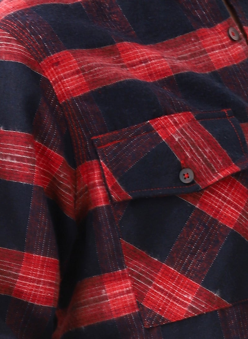 Andora Long Sleeve Chest Pockets Plaid Shirt_Navy Blue & Red  - Image 5