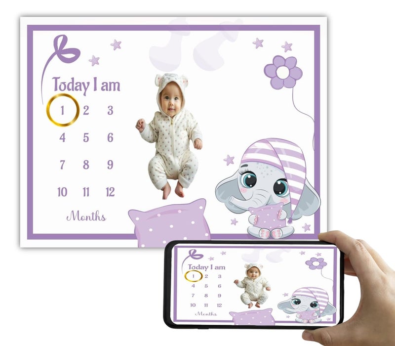 Hoolloomooloo Baby Monthly Milestone Blanket 112 Months Soft AllSeason AC Blanket Ideal for Newborn Boys Girls Perfect Growth Tracker Photoshoot Prop with Dreamy Elephant 120x90 cm - Image 1