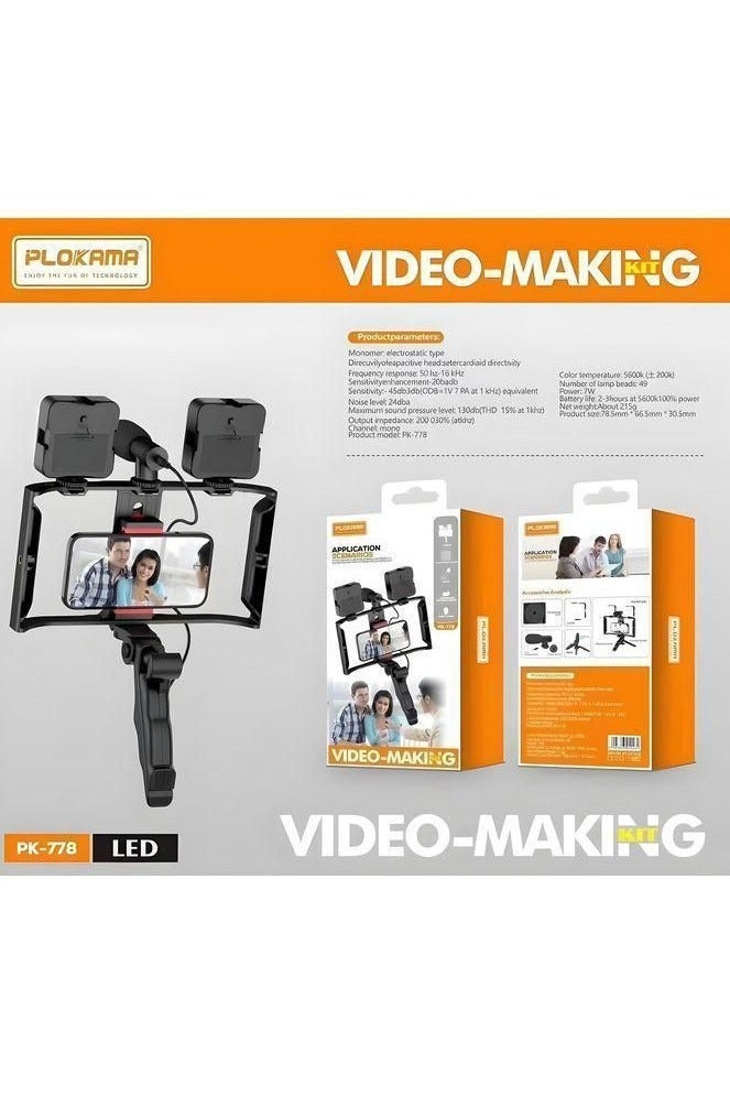 التخطيط PLOKAMA حامل كاميرا فيديو 5 في 1 بمقبض تثبيت وميكروفون بندقية ومجموعة إضاءة ليد لأي موبايل لصناعة الأفلام والفيديوهات الاحترافية إطار شكل حرف U و2 مصباح وحامل أسود أحمر - Image 2