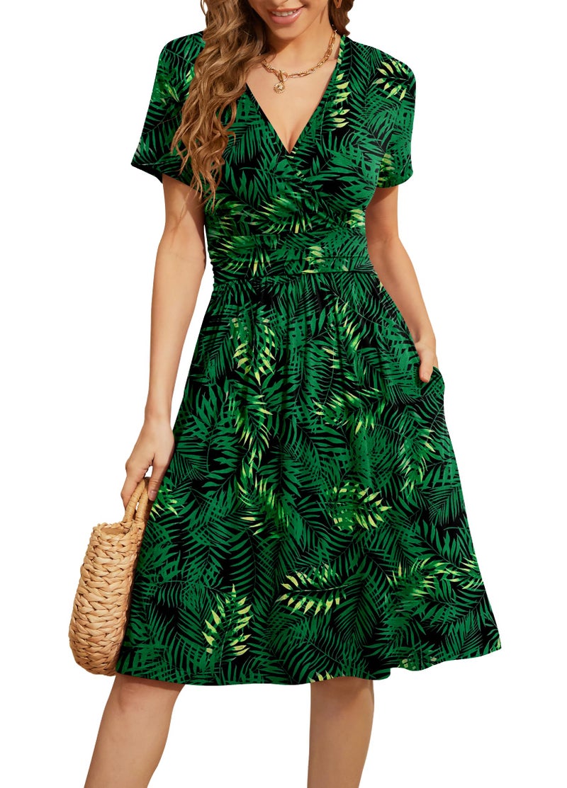 WEACZZY Women Summer Casual Short Sleeve Dresses V-Neck Floral Sundress with Pockets,Floral Green,L - Image 1