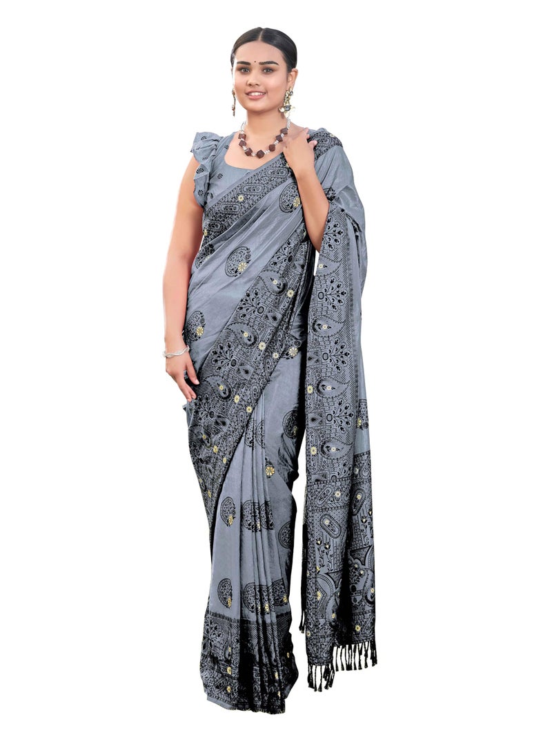 MANOHARI Women's Most Trendy Banarasi Woven Grey Saree With Heavy Jacquard Work Saree With Blouse Piece - Image 1