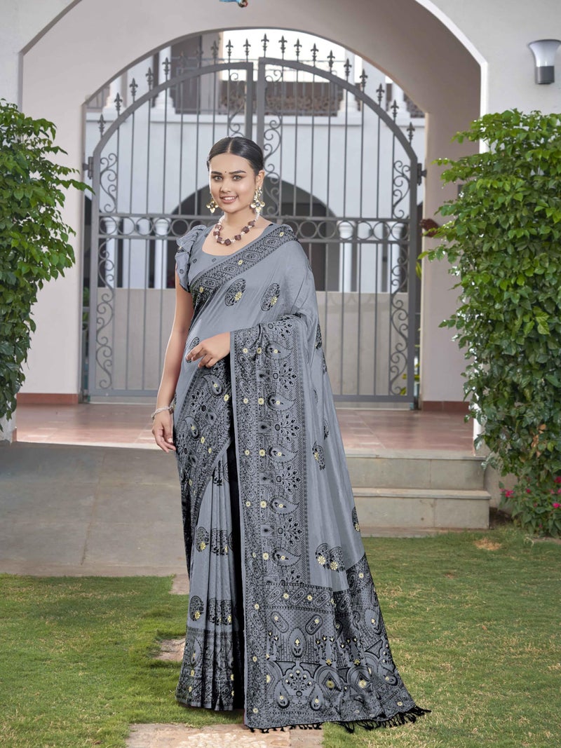 MANOHARI Women's Most Trendy Banarasi Woven Grey Saree With Heavy Jacquard Work Saree With Blouse Piece - Image 2