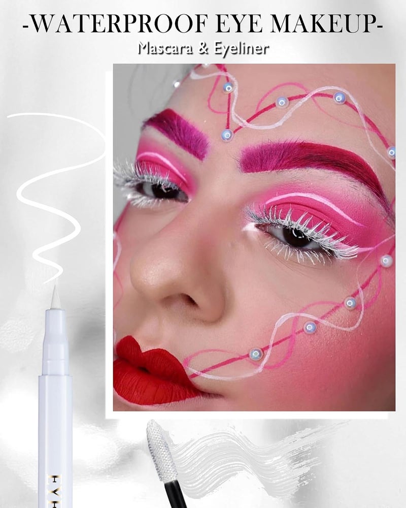 Lestpola مجموعة ماسكارا وكحل مقاومة للماء باللون الأبيض، ماسكارا ملونة ذات ألياف حريرية سائلة ثلاثية الأبعاد لتطويل الرموش، تمنح الحجم والطول، تدوم طويلاً، مقاومة للبهتان، مجعدة ولا تتكتل، مع قلم كحل للنساء - Image 2