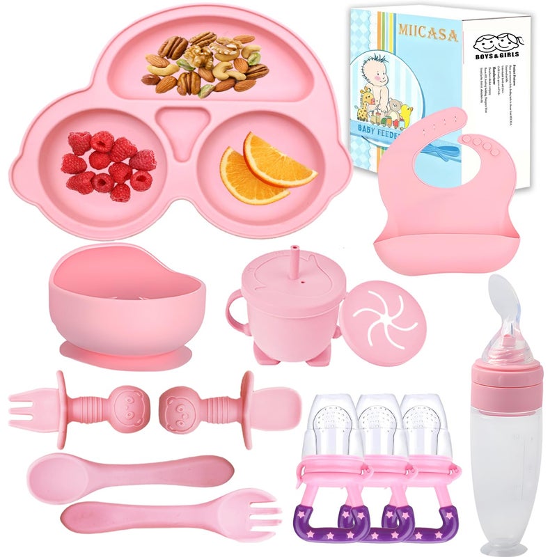 MIICASA Silicone Baby Feeding Set,Miicasa Baby Led Weaning Supplies Kit With Suction Bowl & Car Plate, Bib, Spoon, Fork, Cup - Food-Grade Silicone, Dishwasher-Safe, No BPAs - For 3+ Months - Image 1