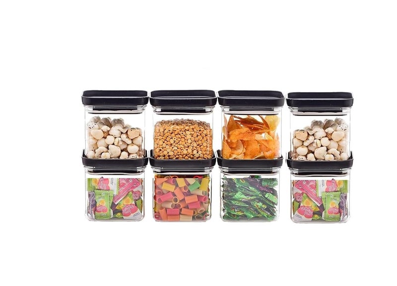 Entisia Plastic Push Kitchen Storage Containers, Multipurpose Square Shaped Kitchen Storage Jar Set, Transparent Unbreakable BPA Free Pantry Organizer with Push Cap Airtight Lid for Home(500ML-8 PCS) - Image 1