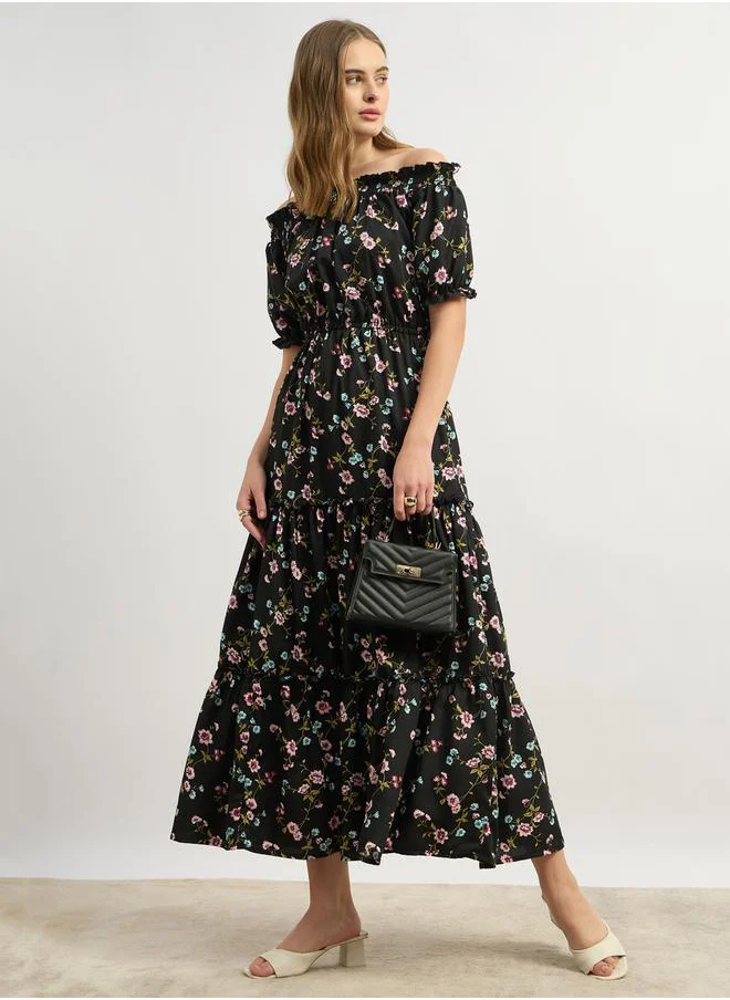 Styli Floral Print Off-Shoulder Puff Sleeve Maxi Dress