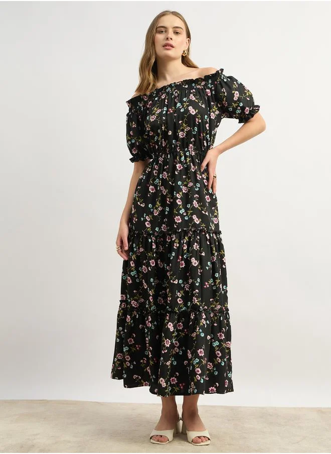 ستايلي Floral Print Off-Shoulder Puff Sleeve Maxi Dress