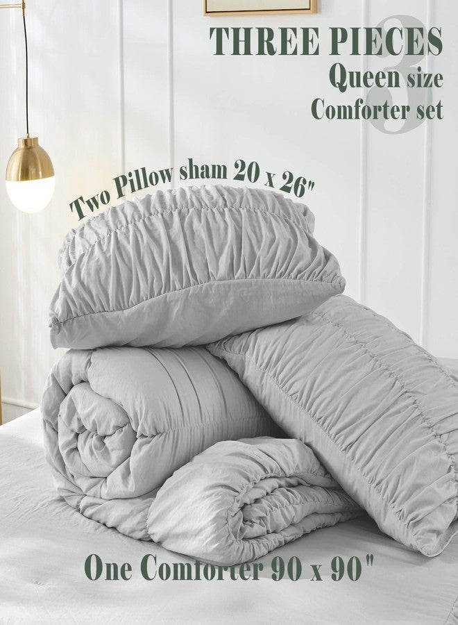 Bonlino Queen Comforter Set Light Grey Bedding - Ruched Comforter Queen Size Bed Set Boho Shabby Chic Comforter Fluffy 3 Piece Ruffle Comforter Set Pillow Girl Bedding Soft - Image 5