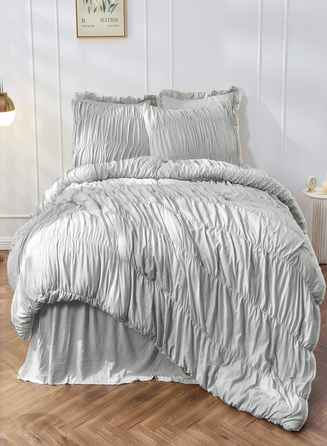 Bonlino Queen Comforter Set Light Grey Bedding - Ruched Comforter Queen Size Bed Set Boho Shabby Chic Comforter Fluffy 3 Piece Ruffle Comforter Set Pillow Girl Bedding Soft - Image 1