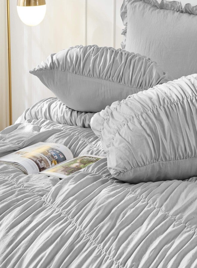 Bonlino Queen Comforter Set Light Grey Bedding - Ruched Comforter Queen Size Bed Set Boho Shabby Chic Comforter Fluffy 3 Piece Ruffle Comforter Set Pillow Girl Bedding Soft - Image 4