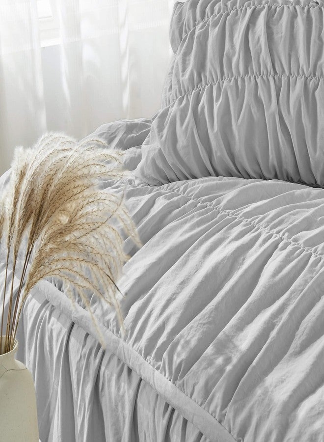Bonlino Queen Comforter Set Light Grey Bedding - Ruched Comforter Queen Size Bed Set Boho Shabby Chic Comforter Fluffy 3 Piece Ruffle Comforter Set Pillow Girl Bedding Soft - Image 3