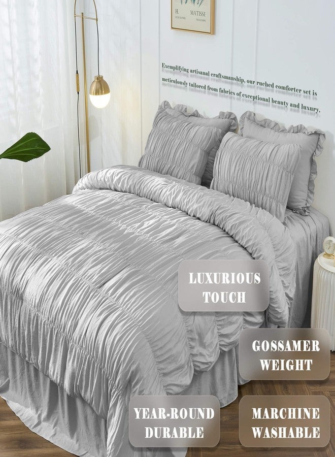 Bonlino Queen Comforter Set Light Grey Bedding - Ruched Comforter Queen Size Bed Set Boho Shabby Chic Comforter Fluffy 3 Piece Ruffle Comforter Set Pillow Girl Bedding Soft - Image 2