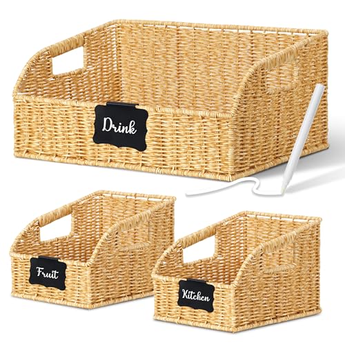 Stylave Pantry Organizers and Storage Basket for Organizing with Handles,Handwoven Large Wicker Baskets for Shelves - Waterproof Plastic Storage Bins, Boho Decorative, 3Pack, Natural - Image 1