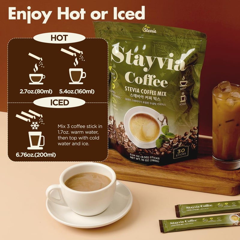 STAYVIA COFFEE Stevia Instant Coffee Packets - Korean Instant Latte with Sugar-Free & Low Calories - 30 Sticks (0.33oz) - Plant-Based Sweetener - Enjoy Caffeine Hot & Cold at Office, Home & Travel - Image 4