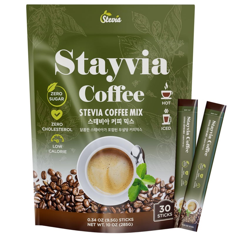 STAYVIA COFFEE Stevia Instant Coffee Packets - Korean Instant Latte with Sugar-Free & Low Calories - 30 Sticks (0.33oz) - Plant-Based Sweetener - Enjoy Caffeine Hot & Cold at Office, Home & Travel - Image 1
