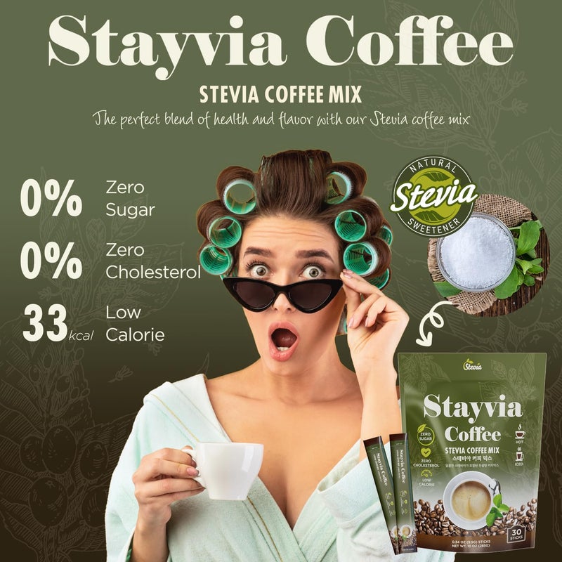 STAYVIA COFFEE Stevia Instant Coffee Packets - Korean Instant Latte with Sugar-Free & Low Calories - 30 Sticks (0.33oz) - Plant-Based Sweetener - Enjoy Caffeine Hot & Cold at Office, Home & Travel - Image 2