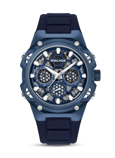 بوليس Men's Challenger 46mm Multifunction Watch with Ion-Plated Blue Case, Transparent Honeycomb Dial & Blue Silicone Strap