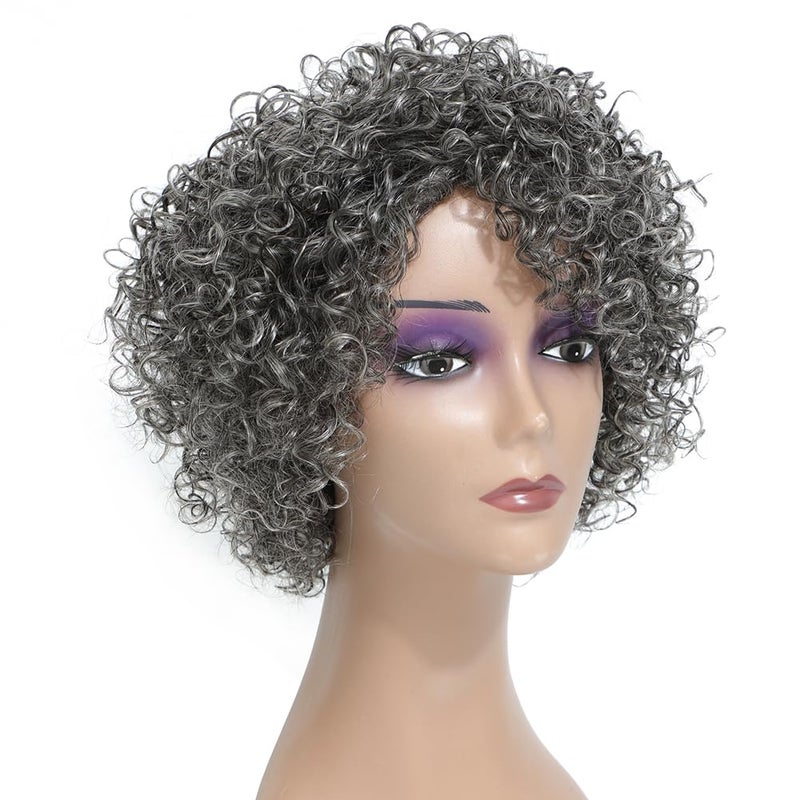 HUA Grey Glueless Wigs Human Hair Wigs for Black Women Grey Short Curly Wigs for Black Women Human Hair Mixed Kinky Curly Wear and Go Glueless Wig Ombre Gray 8 Inch Short Wigs for Older Women - Image 5