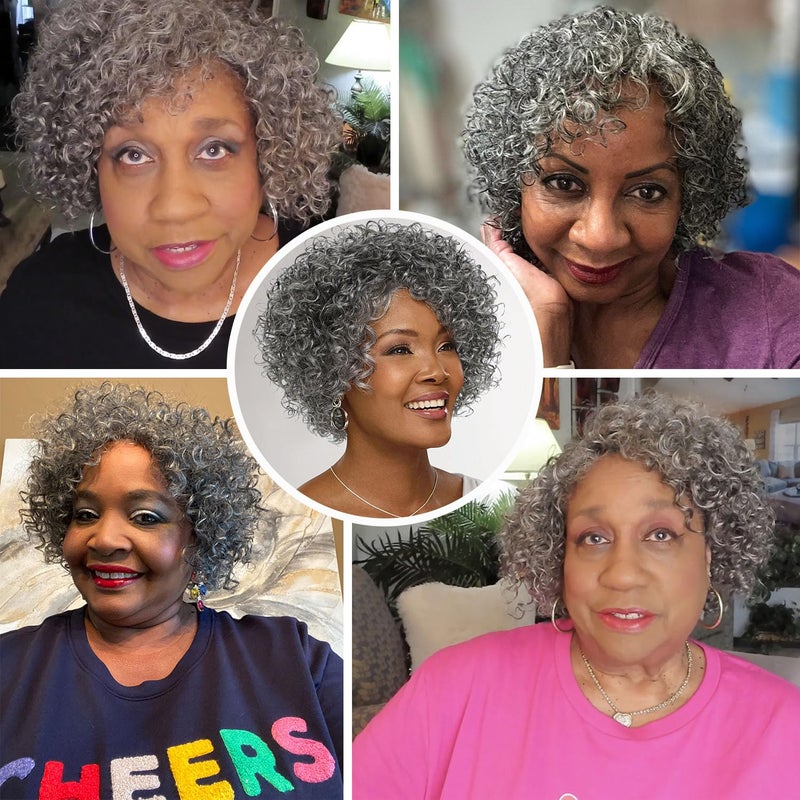 HUA Grey Glueless Wigs Human Hair Wigs for Black Women Grey Short Curly Wigs for Black Women Human Hair Mixed Kinky Curly Wear and Go Glueless Wig Ombre Gray 8 Inch Short Wigs for Older Women - Image 4