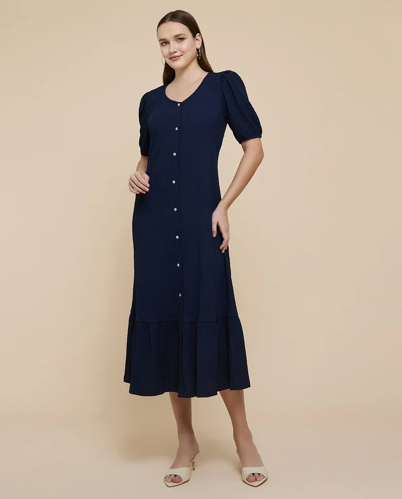 أر أند بي Textured A-Line Dress with V-Neck and Puff Sleeves