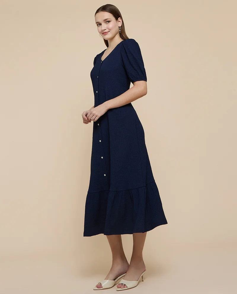 أر أند بي Textured A-Line Dress with V-Neck and Puff Sleeves