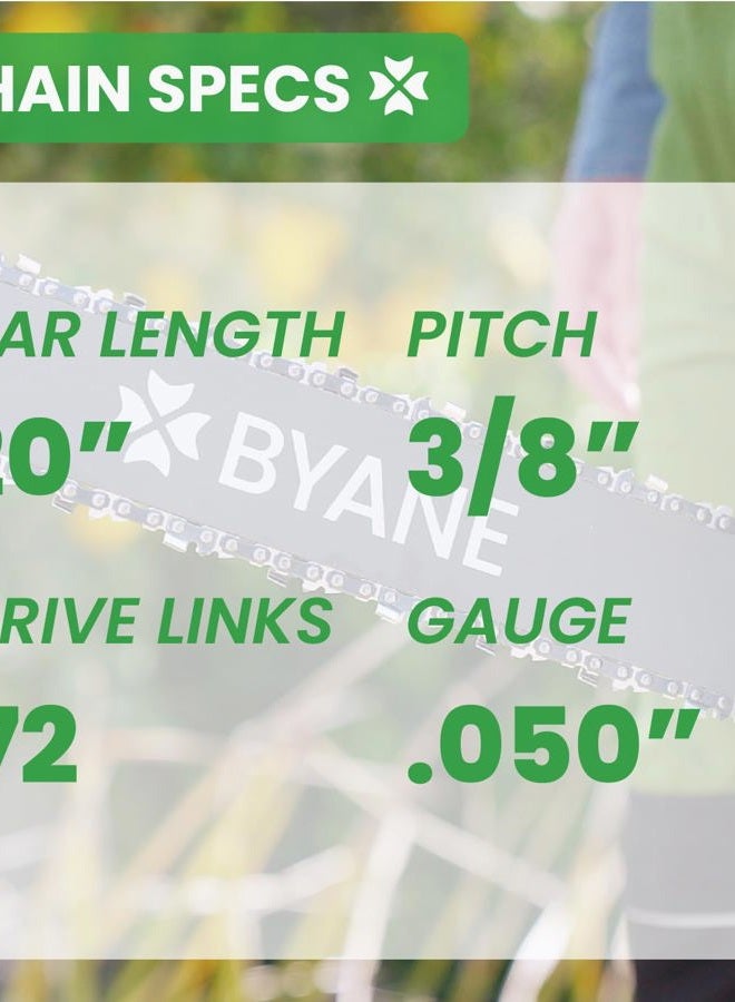 BYANE 20 Inch Chainsaw Bar and Chain Combo for Husqvarna, 3/8" Pitch, 050" Gauge, 72 Drive Links, Fits Husqvarna 455, 455 Rancher 460 Rancher, Poulan PP5020AV PR5020 and More(3 chains + 1 bar) - Image 2