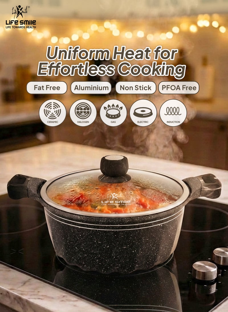 Life Smile 24cm (4.1 Liter) LIFE SMILE Non-Stick Cooking Pot |Granite Soup Pot With Glass Lid | 100% PFOA Free, Fixed Bakelite Handle | Multi Layer Non-Stick Granite Coating - Image 3