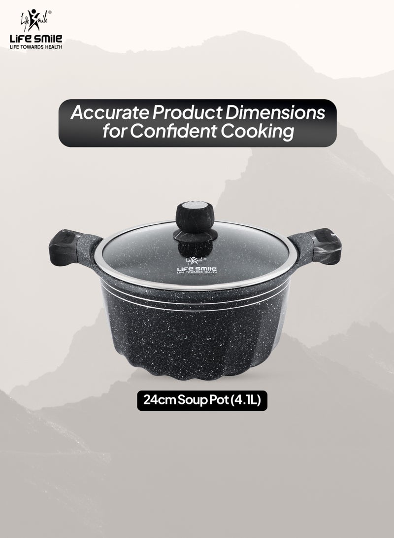Life Smile 24cm (4.1 Liter) LIFE SMILE Non-Stick Cooking Pot |Granite Soup Pot With Glass Lid | 100% PFOA Free, Fixed Bakelite Handle | Multi Layer Non-Stick Granite Coating - Image 5