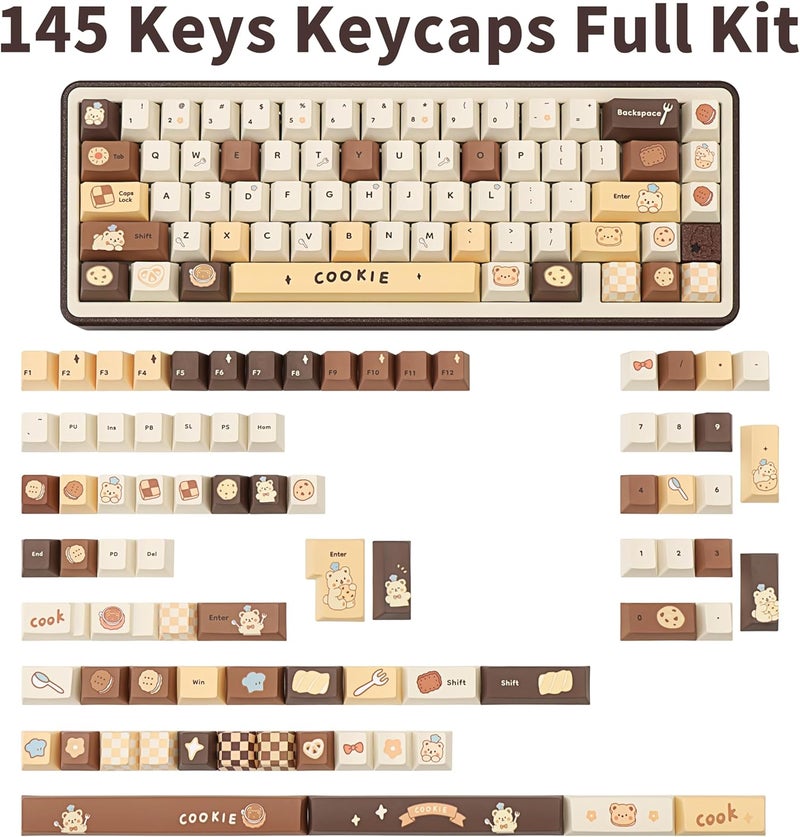 COOMICKEY Brown White PBT Keycaps, Cute Custom Keyboard Keycaps 60 75 100%, Dye Sublimation Kawaii Anime Keycap, 145 Keys Set for Cherry Gateron MX Switches - Image 2